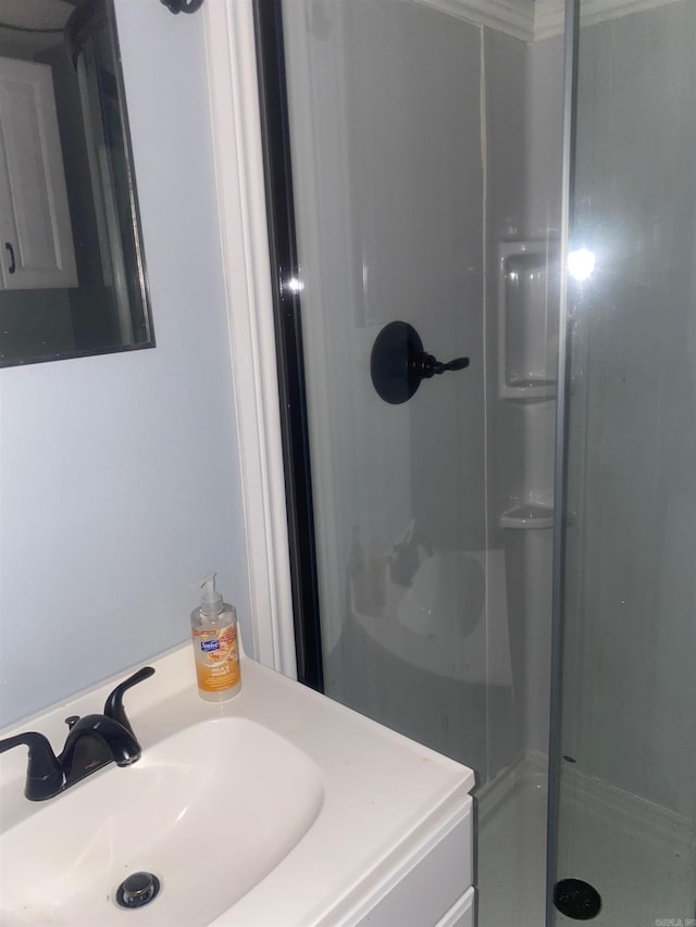 bathroom with vanity and a shower