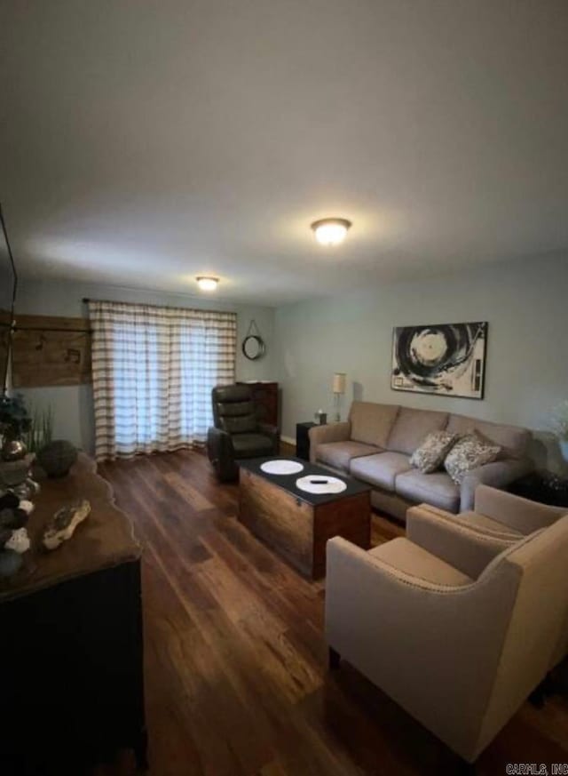 living room with dark hardwood / wood-style flooring