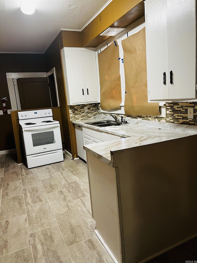 kitchen with electric stove, white cabinetry, sink, and dishwasher