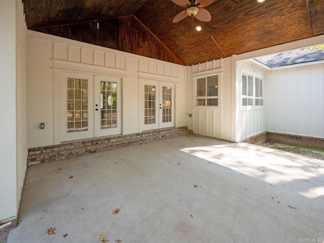 view of patio / terrace featuring ceiling fan and french doors