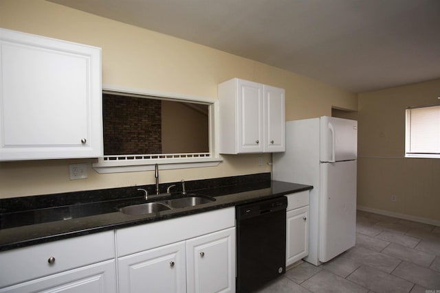 kitchen with sink, white cabinets, dishwasher, and dark stone counters