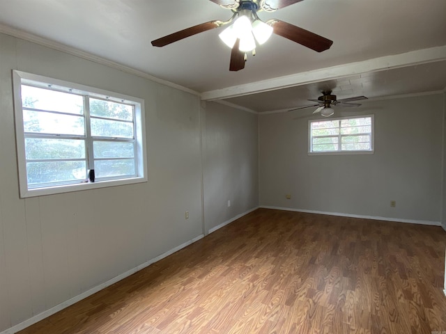 spare room with ornamental molding, a wealth of natural light, baseboards, and wood finished floors