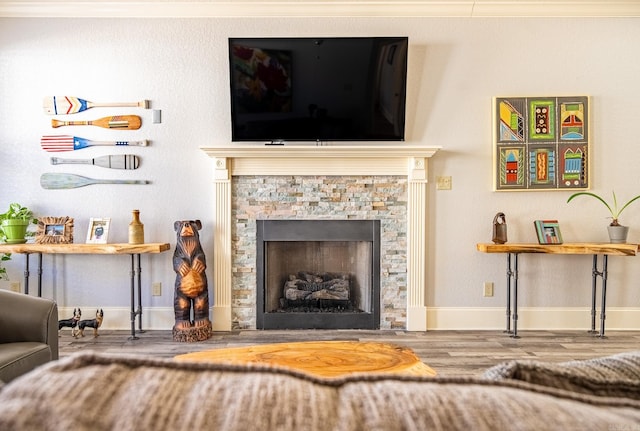 living room featuring ornamental molding, a fireplace, and wood-type flooring