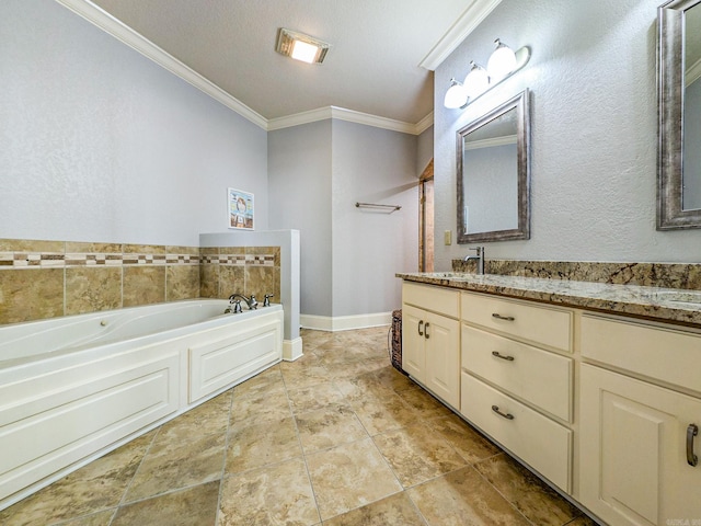 bathroom featuring vanity, crown molding, and a bath