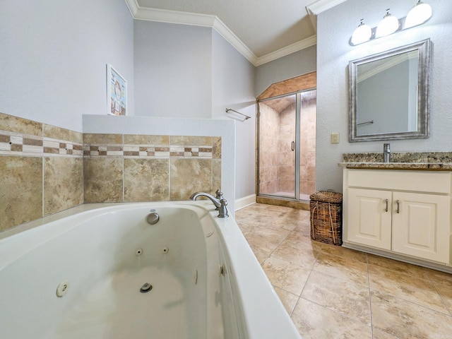 bathroom featuring separate shower and tub, crown molding, and vanity