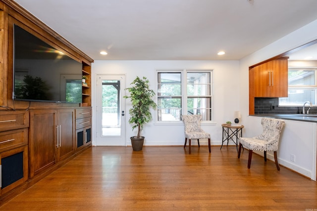 sitting room with sink and light wood-type flooring