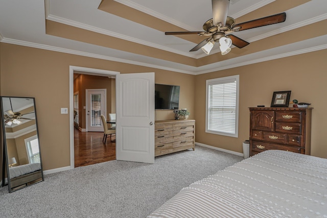 carpeted bedroom featuring a raised ceiling, ceiling fan, and crown molding