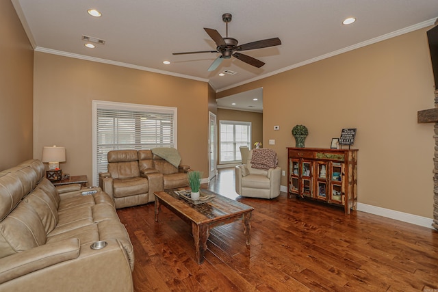 living room featuring ceiling fan, dark hardwood / wood-style flooring, and ornamental molding