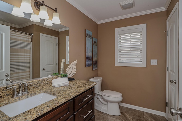 bathroom featuring ornamental molding, a shower with curtain, vanity, and toilet