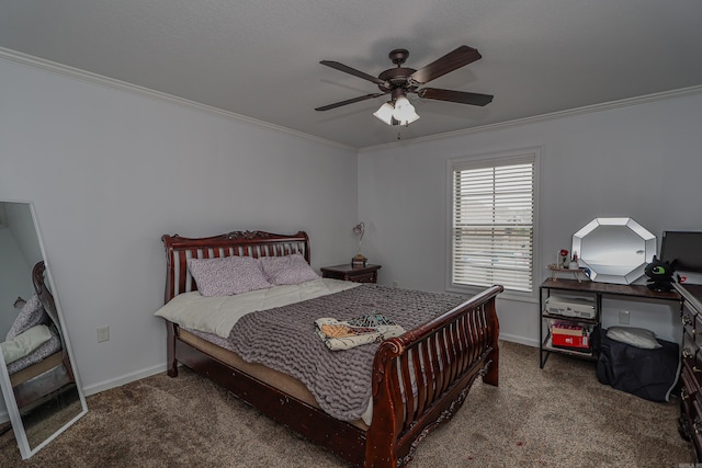 bedroom with ornamental molding, ceiling fan, and carpet