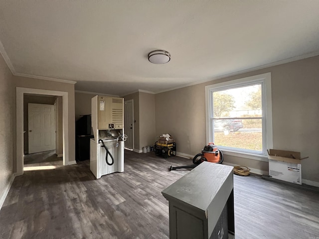 interior space with ornamental molding and dark hardwood / wood-style floors