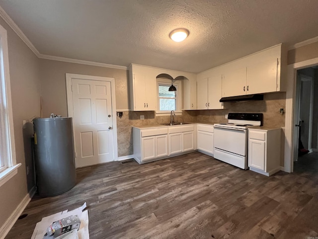 kitchen featuring sink, white cabinets, white range with electric cooktop, water heater, and dark wood-type flooring