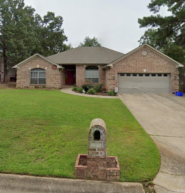 ranch-style house with a front lawn and a garage