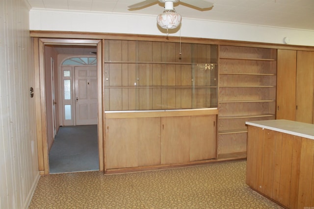 interior space with ceiling fan and wood walls