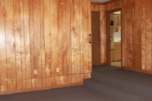 interior space featuring carpet floors and wood walls