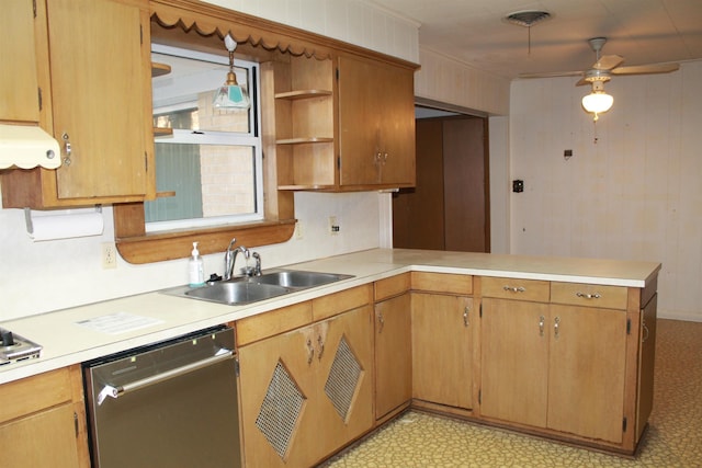 kitchen featuring dishwasher, sink, kitchen peninsula, ceiling fan, and range hood