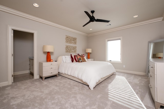 carpeted bedroom featuring ceiling fan and ornamental molding