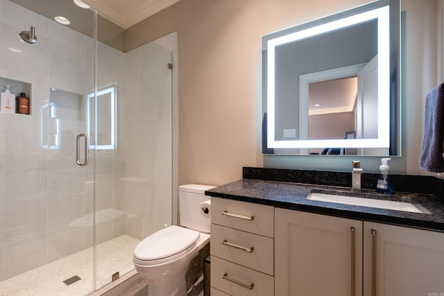 bathroom featuring toilet, an enclosed shower, vanity, and ornamental molding