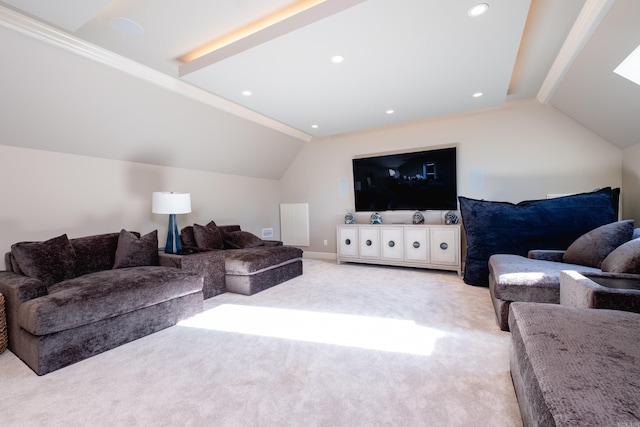 carpeted living room featuring lofted ceiling and crown molding