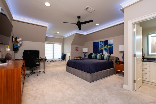 carpeted bedroom featuring ornamental molding and ceiling fan