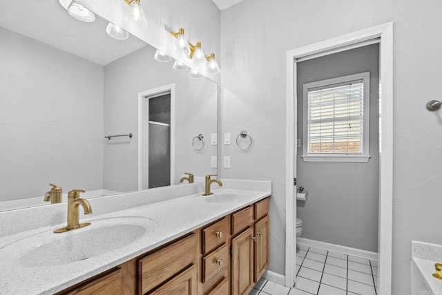 bathroom featuring tile patterned flooring, vanity, and toilet