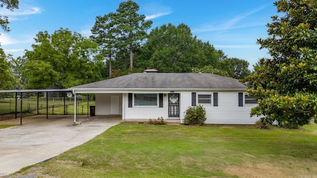 single story home with covered porch and a front lawn