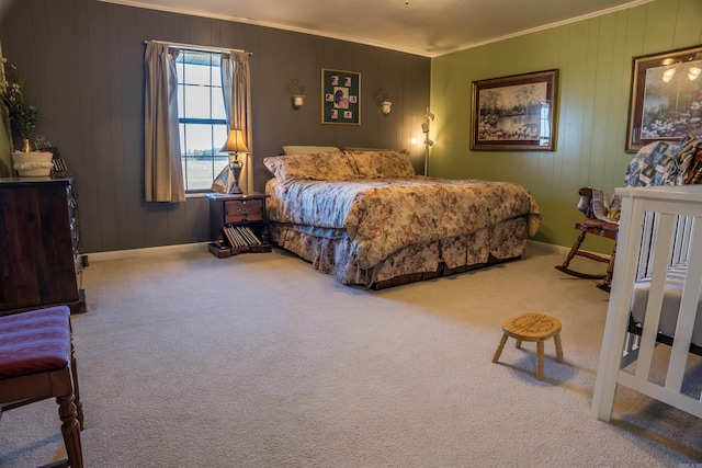 carpeted bedroom with crown molding