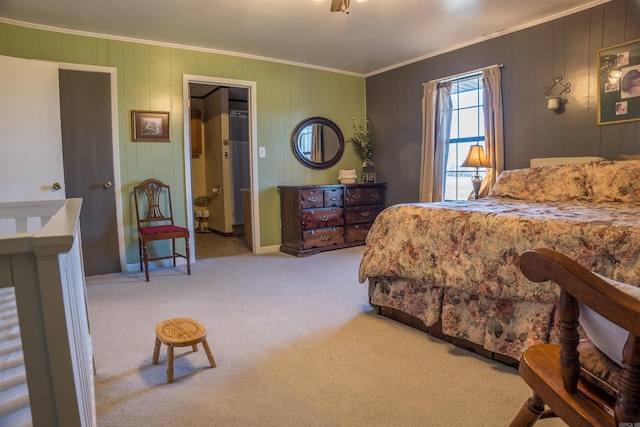 carpeted bedroom featuring crown molding