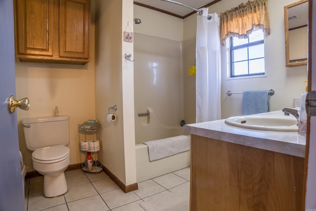 full bathroom with tile patterned flooring, shower / tub combo with curtain, vanity, and toilet