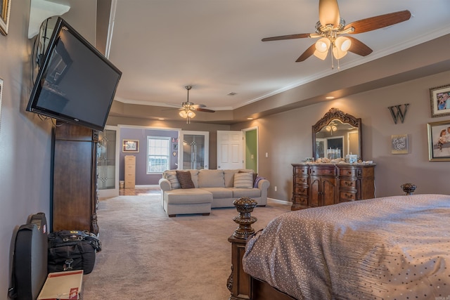 bedroom with ceiling fan, light colored carpet, and crown molding