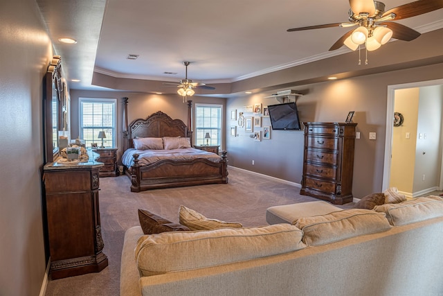 bedroom featuring baseboards, ornamental molding, and carpet