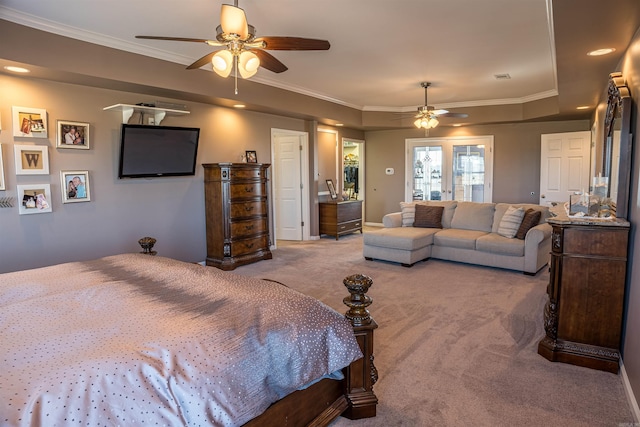 bedroom featuring crown molding, ceiling fan, and carpet floors