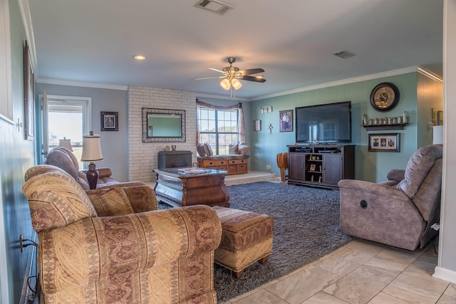 living room featuring light carpet, ceiling fan, a healthy amount of sunlight, and crown molding