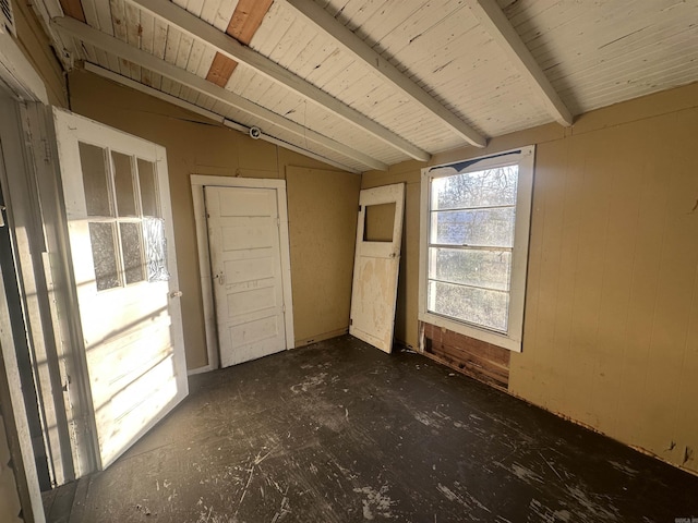 interior space featuring wooden walls, lofted ceiling with beams, and wooden ceiling