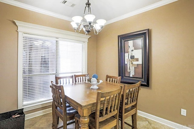 tiled dining space with ornamental molding and a chandelier