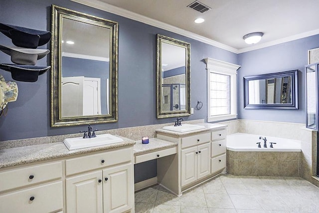 bathroom featuring vanity, tile patterned floors, ornamental molding, and independent shower and bath