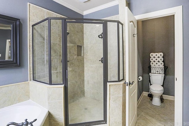 bathroom with ornamental molding, plus walk in shower, tile patterned floors, and toilet