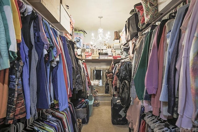 walk in closet with carpet floors and a notable chandelier