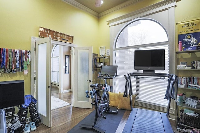 workout room featuring french doors, crown molding, and dark hardwood / wood-style floors