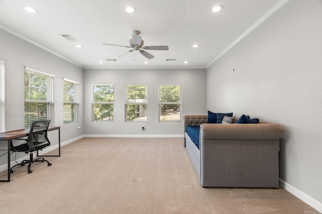 office area featuring ornamental molding, light colored carpet, and ceiling fan