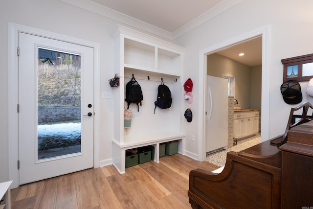 mudroom with crown molding and light hardwood / wood-style flooring