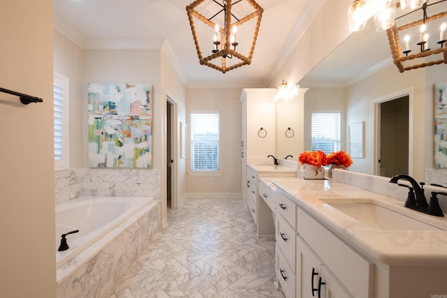 bathroom featuring vanity, a relaxing tiled tub, a chandelier, and ornamental molding