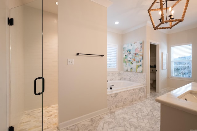 full bathroom with toilet, plus walk in shower, vanity, ornamental molding, and a notable chandelier