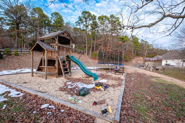 view of jungle gym with a trampoline