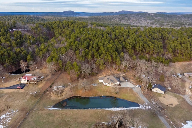 birds eye view of property with a water and mountain view