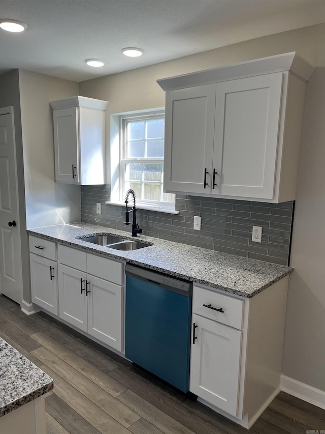 kitchen with white cabinetry, dishwasher, backsplash, and sink