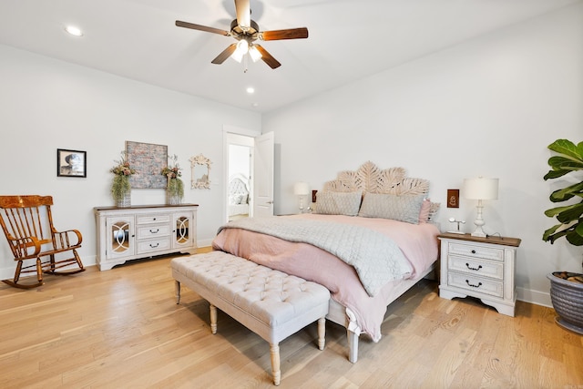 bedroom featuring ceiling fan and light wood-type flooring