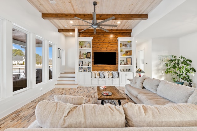 living room featuring wooden ceiling, ceiling fan, and beam ceiling