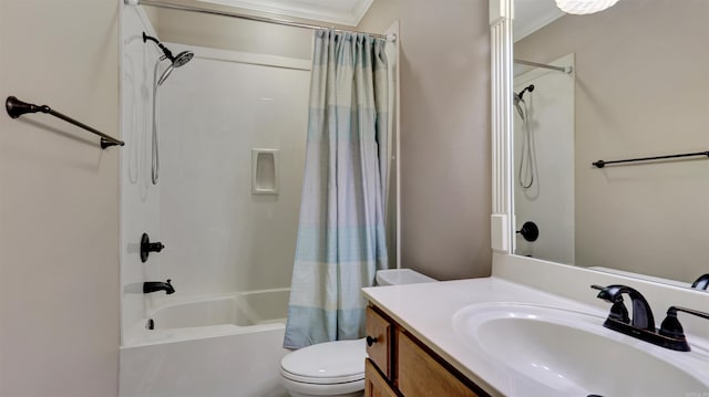 full bathroom with toilet, vanity, shower / bath combo, and ornamental molding