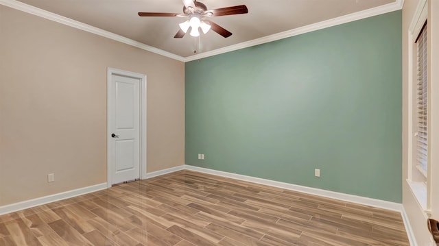 unfurnished bedroom with ceiling fan, ornamental molding, and wood-type flooring